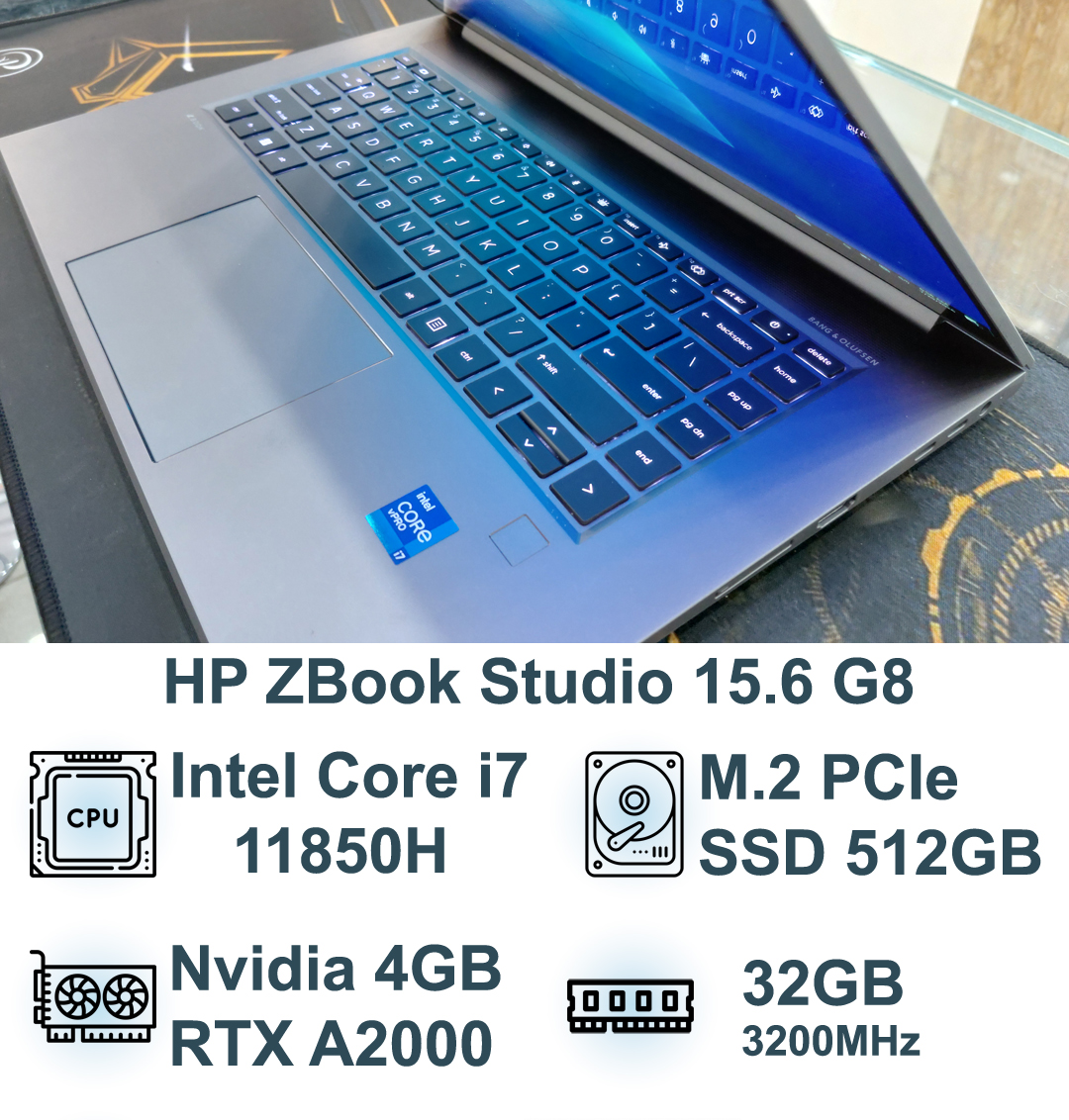 لپ تاپ اچ پی HP Zbook Studio G8 پردازنده Intel Core i7 نسل 11 | 32GB RAM | 512GB SSD | RTX 4GB VGA | 15.6" Touch Screen 4K
