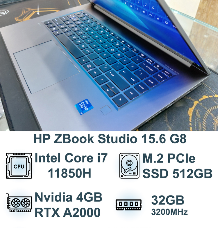 لپ تاپ اچ پی HP Zbook Studio G8 پردازنده Intel Core i7 نسل 11 | 32GB RAM | 512GB SSD | RTX 4GB VGA | 15.6" Touch Screen 4K