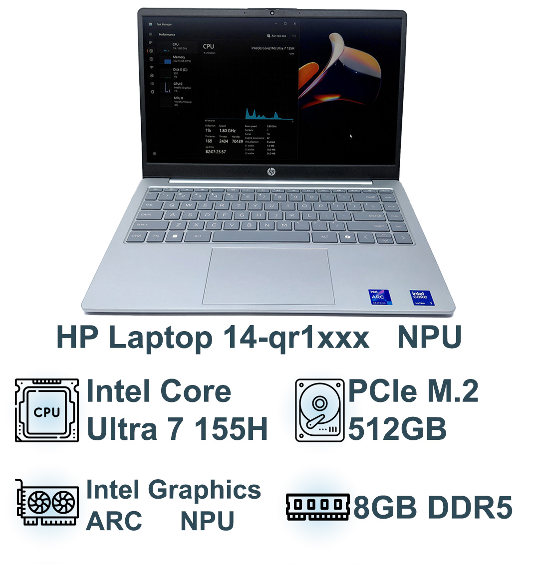 لپ تاپ اچ پی HP Laptop 14-qr1xxx پردازنده Intel Core Ultra 7 155H اولترا 7 | 8GB DDR5 | 512GB SSD | Silver